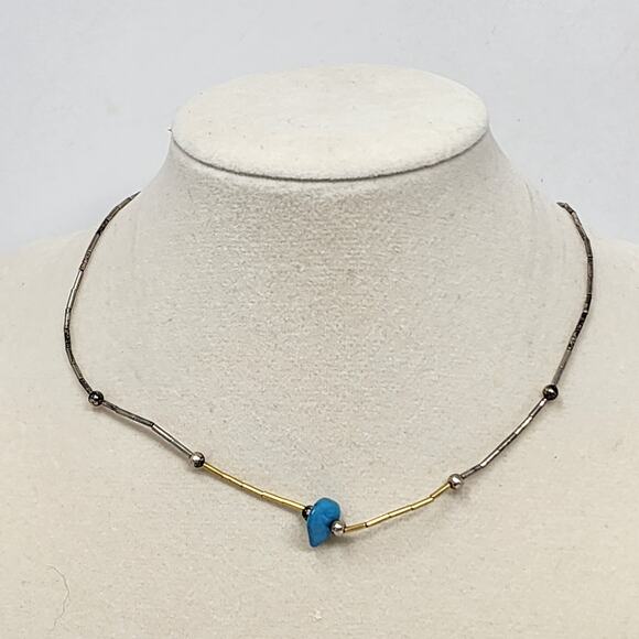 Sterling Silver Gold Native American Genuine Raw Turquoise Necklace - Picture 1 of 5